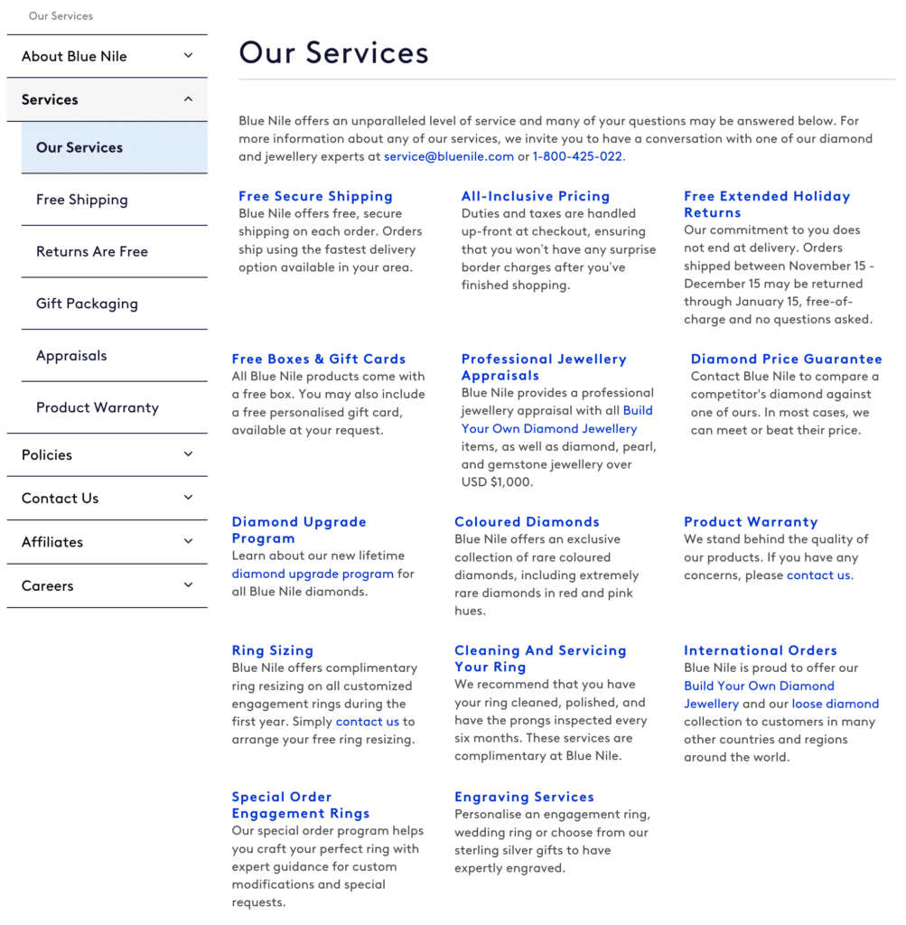 Blue Nile Australia Services and policies page