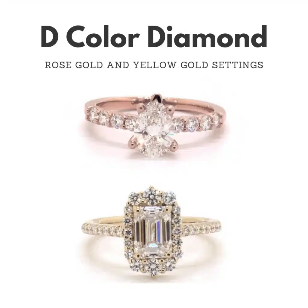 D color diamond in rose gold and yellow gold settings